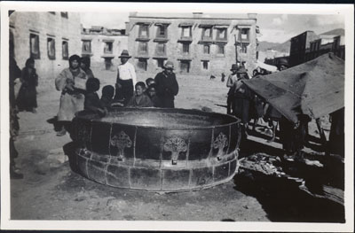 Metal cauldron in street in Lhasa near Barkhor