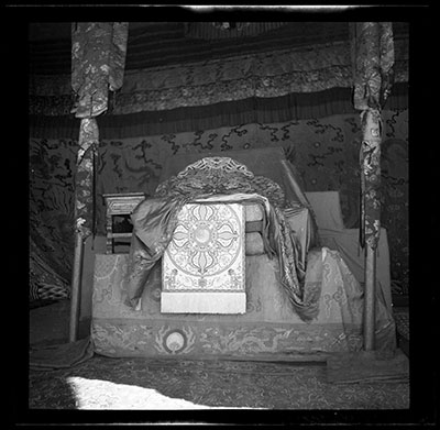 Dalai Lama's throne inside the Peacock tent at Rikya