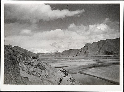 Pack horses on a mountain track beside the Kyichu