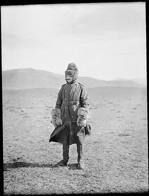 Author in Tibetan mask of silk and other equipment for use in November gales