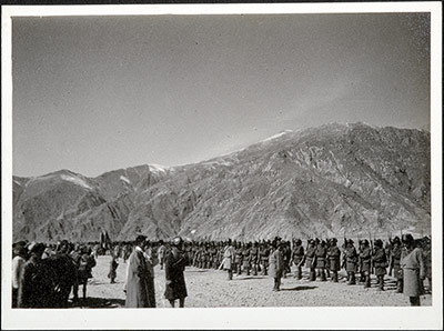 Tibetan soldiers being reviewed by Basil Gould