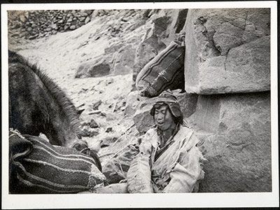 Traveller resting with horse and bags