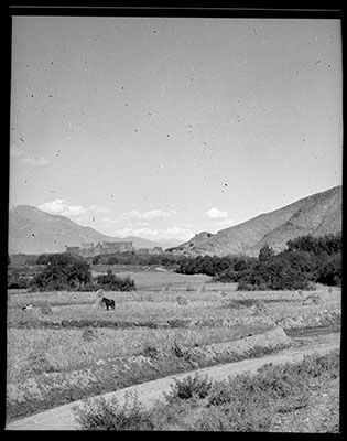 Fields at Chidesho with Gongkar Dzong? in the back